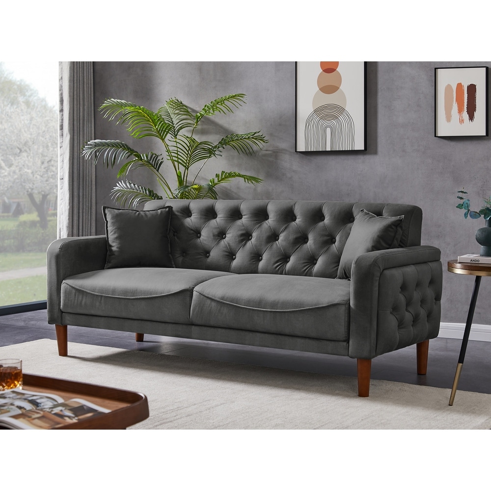 3 Seater PU Leater Sofa Couch with 2 throw pillows  Botton Tufted Sofa Solid Wood Frame Couch with Tapered Legs  Grey