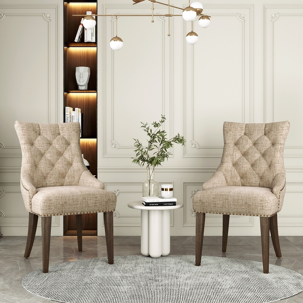 Tufted High Back Padded Chairs Dining Chair Set with Armrest(Set of 2)  Beige