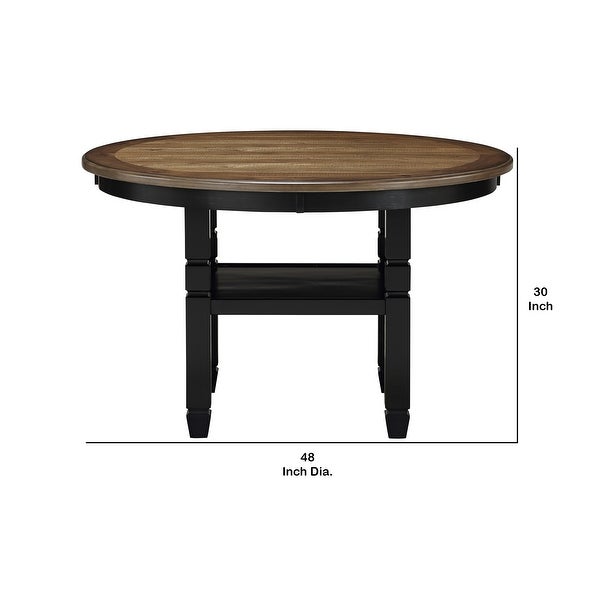 Wooden Round Dining Table with Open Shelf， Black and Brown