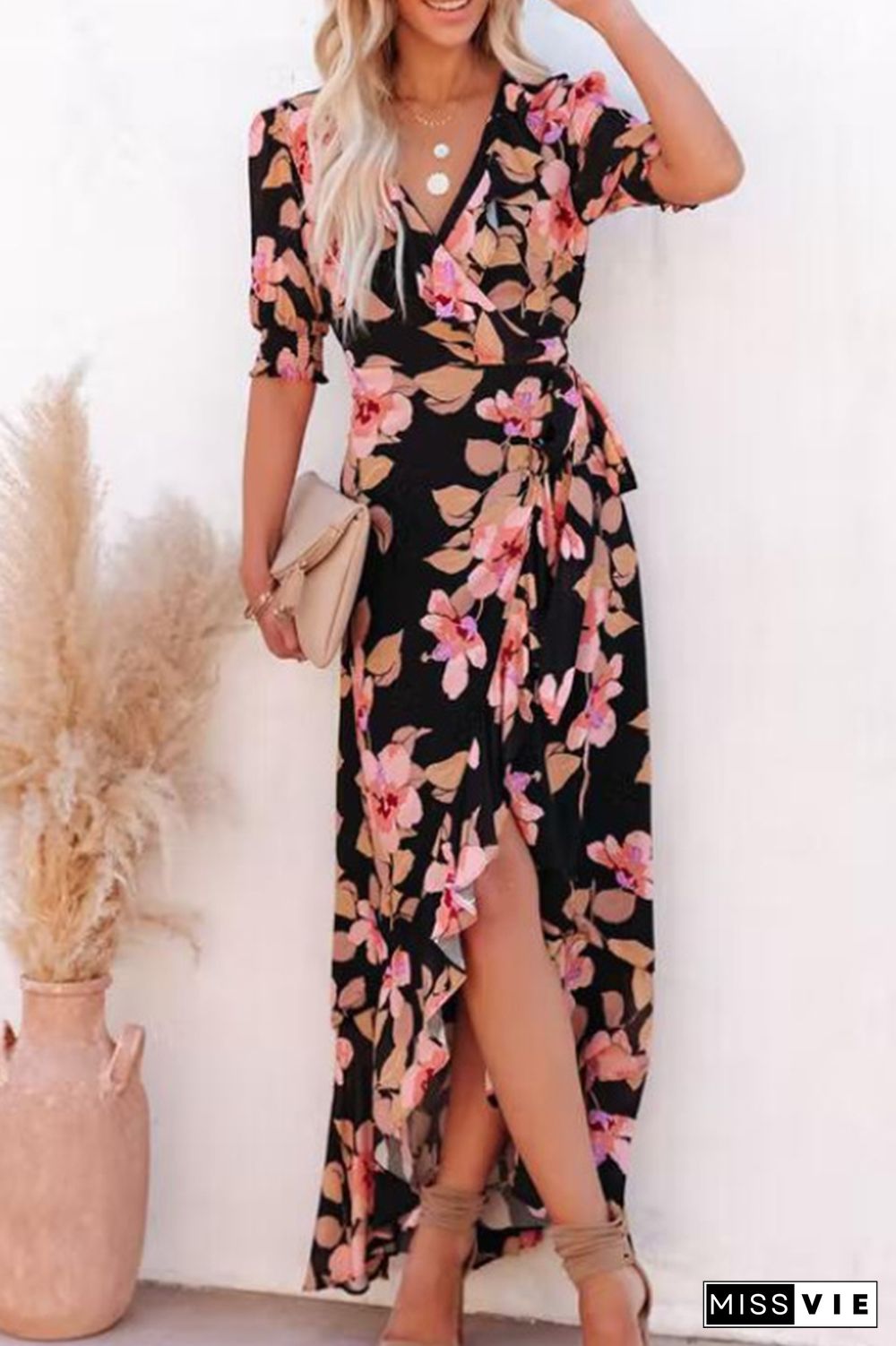 Fashion Print Split Joint V Neck Waist Skirt Dresses