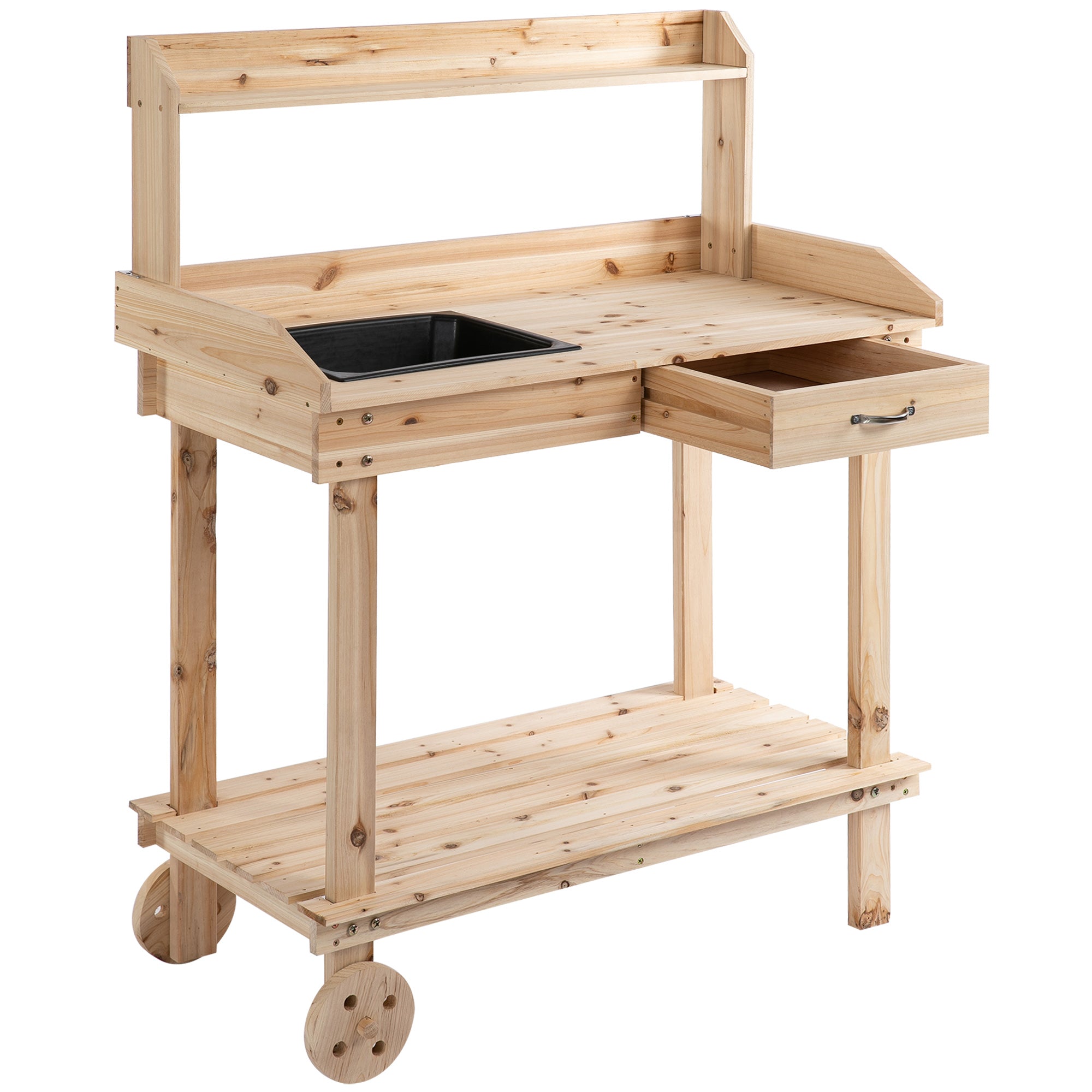 Tomshoo 36'' Gardening Workbench with 2 Removable Wheels, Sink, Drawer & Large Storage Spaces, Wooden Potting Bench Work Table Natural