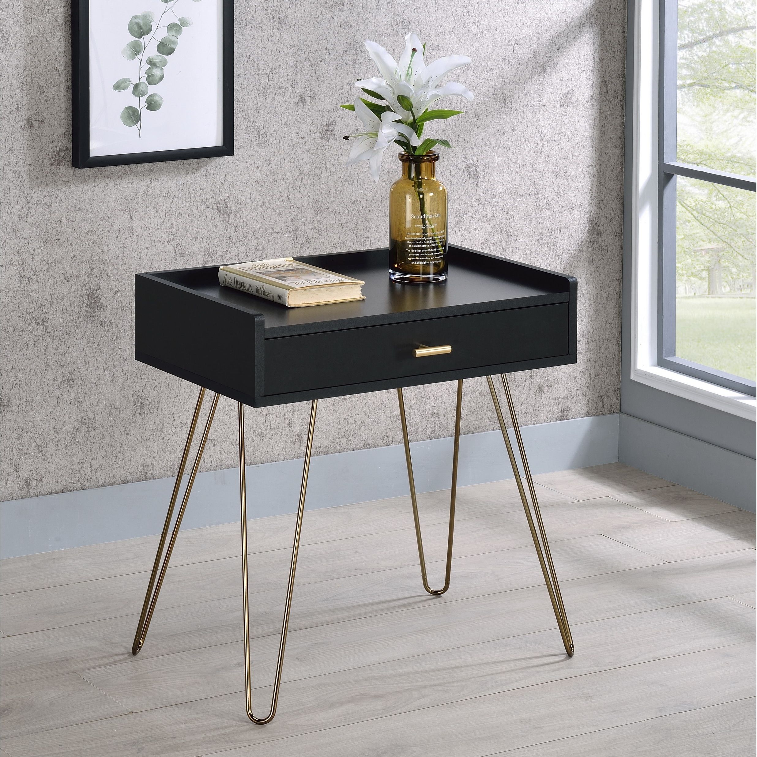 Roundhill Furniture Hailey Black and Gold Wood Storage End Table