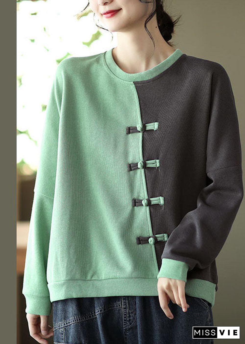 Modern Green Patchwork Cotton Sweatshirts Top Spring