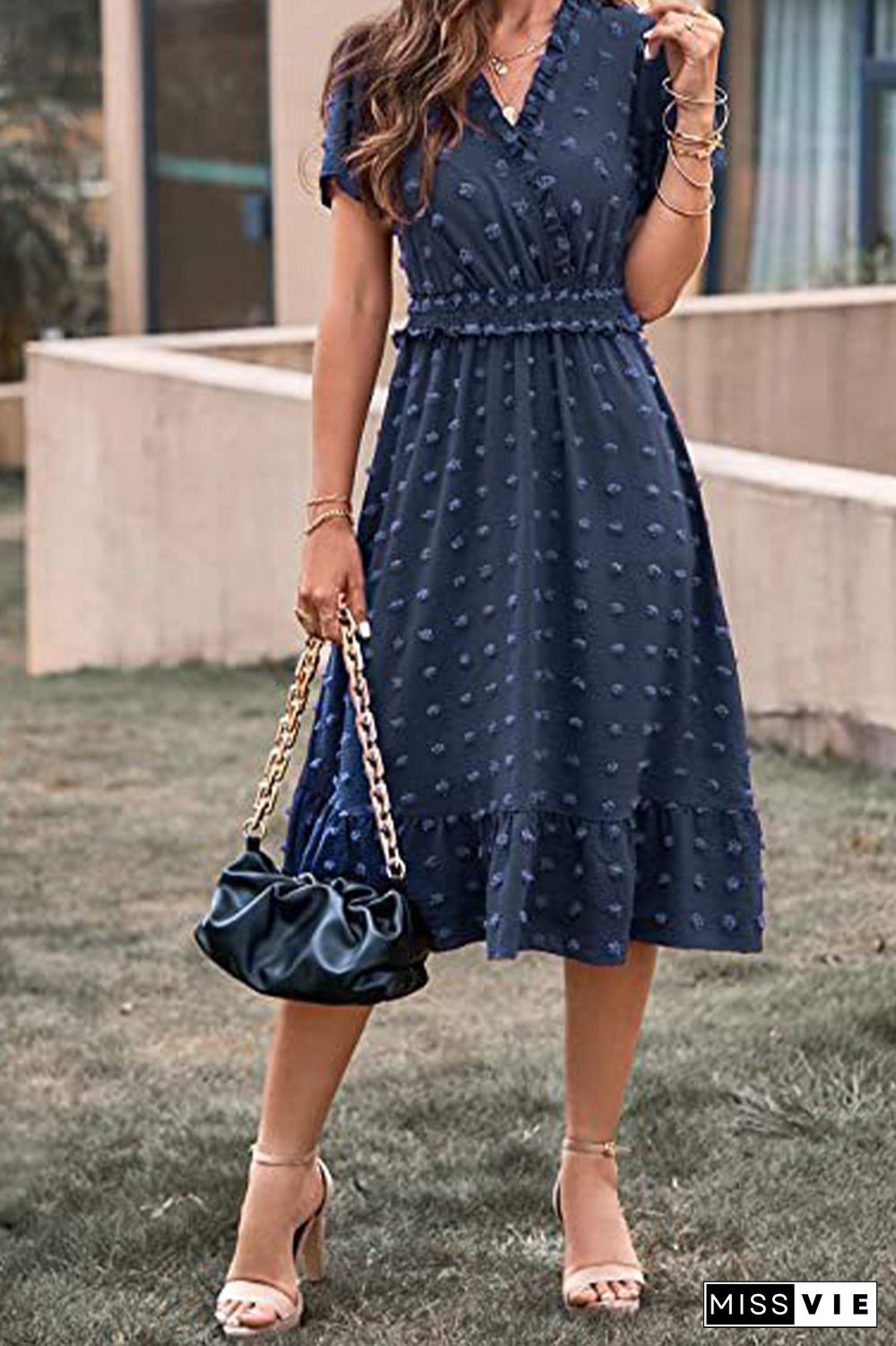 Plain Jacquard Spot V Neck Frilled Midi Dress