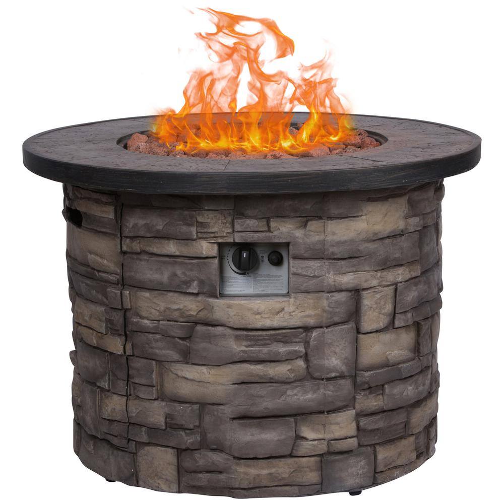 Shine Company Sevilla Round Outdoor Propane Gas Stone Fire Pit Table with Lava Rock 35 in. Dia 6101SC