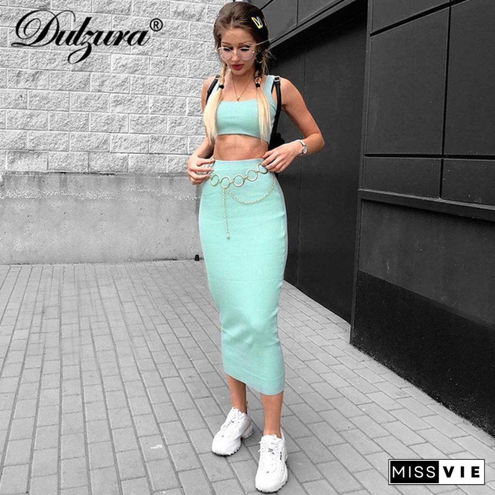 Dulzura Neon Ribbed Knitted Women Two Piece Matching Co Ord Set Crop Top Midi Skirt Sexy Festival Party Winter Clothing