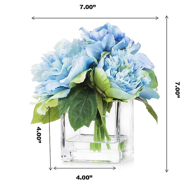 Enova Home Mixed Artificial Silk Roses Peony and Hydrangea Fake Flowers Arrangement in Cube Glass Vase with Faux Water