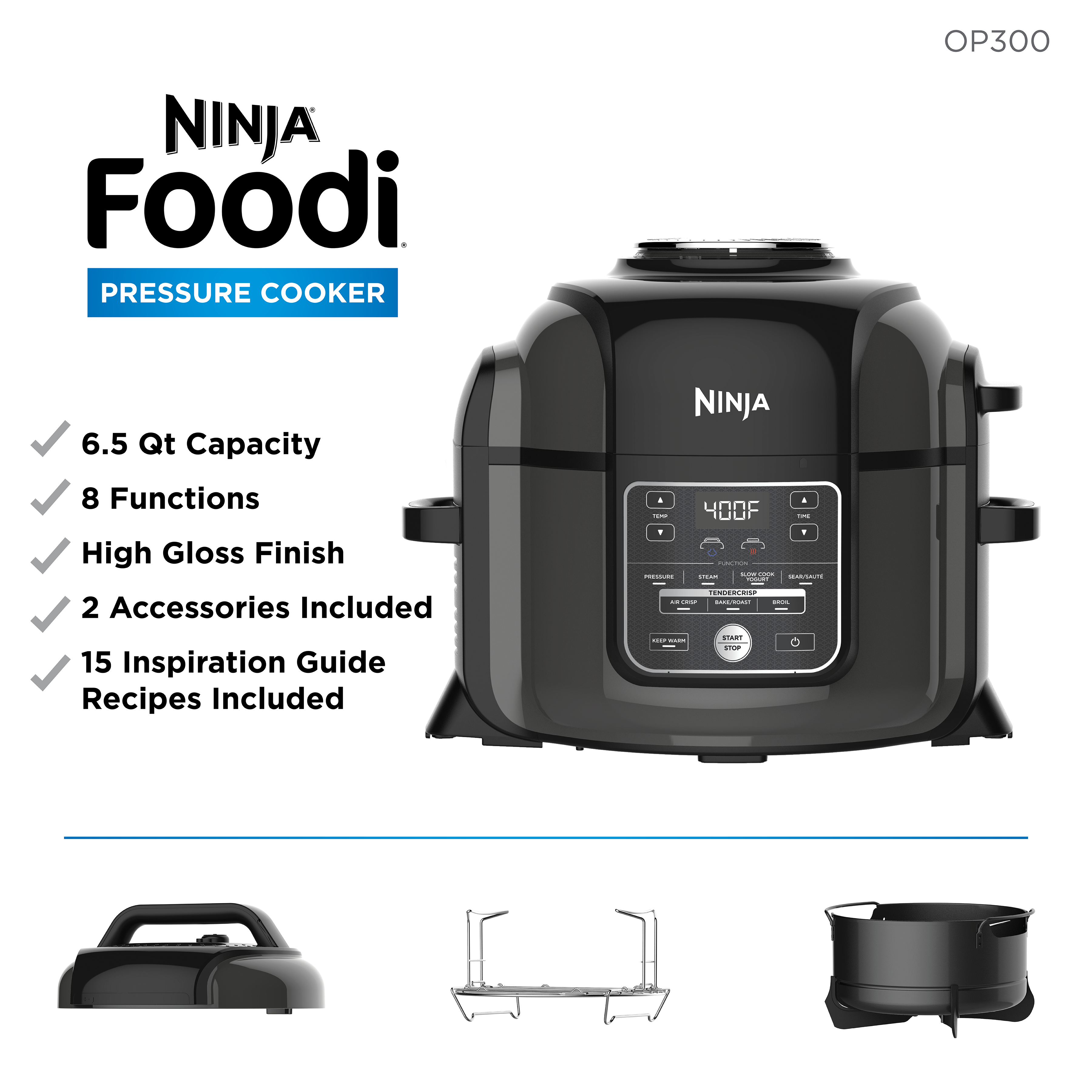 Ninja Foodi TenderCrisp 8-in-1 6.5-Quart Pressure Cooker， OP300