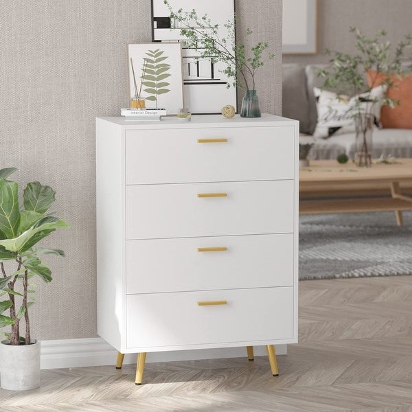 4 Drawers Chest， Modern Drawers Dresser with Gold Metal Legs Wood Storage Cabinet， Chest of Drawer Cabinet - as picture - - 37669013