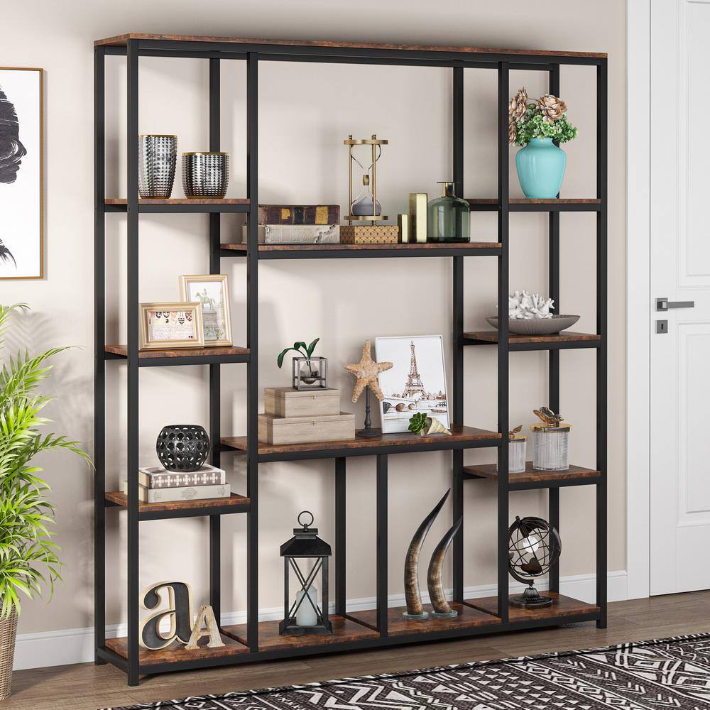 BYBLIGHT 70.86 in. Brown Practical Board 12-Shelf Etagere Bookcase with Storage and Industrial Style Display Shelves BB-XX1199YY