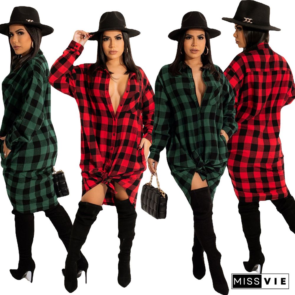 Long Sleeves Single-breasted Plaid Shirt Dress