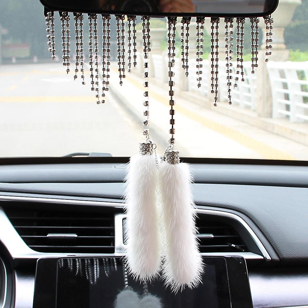 Bling Rearview Mirror Hanging Accessory With 5 Rows Rhinestones Crystal Ornament Garland Pendent Adhesive Car Charm Decor Gift Silver