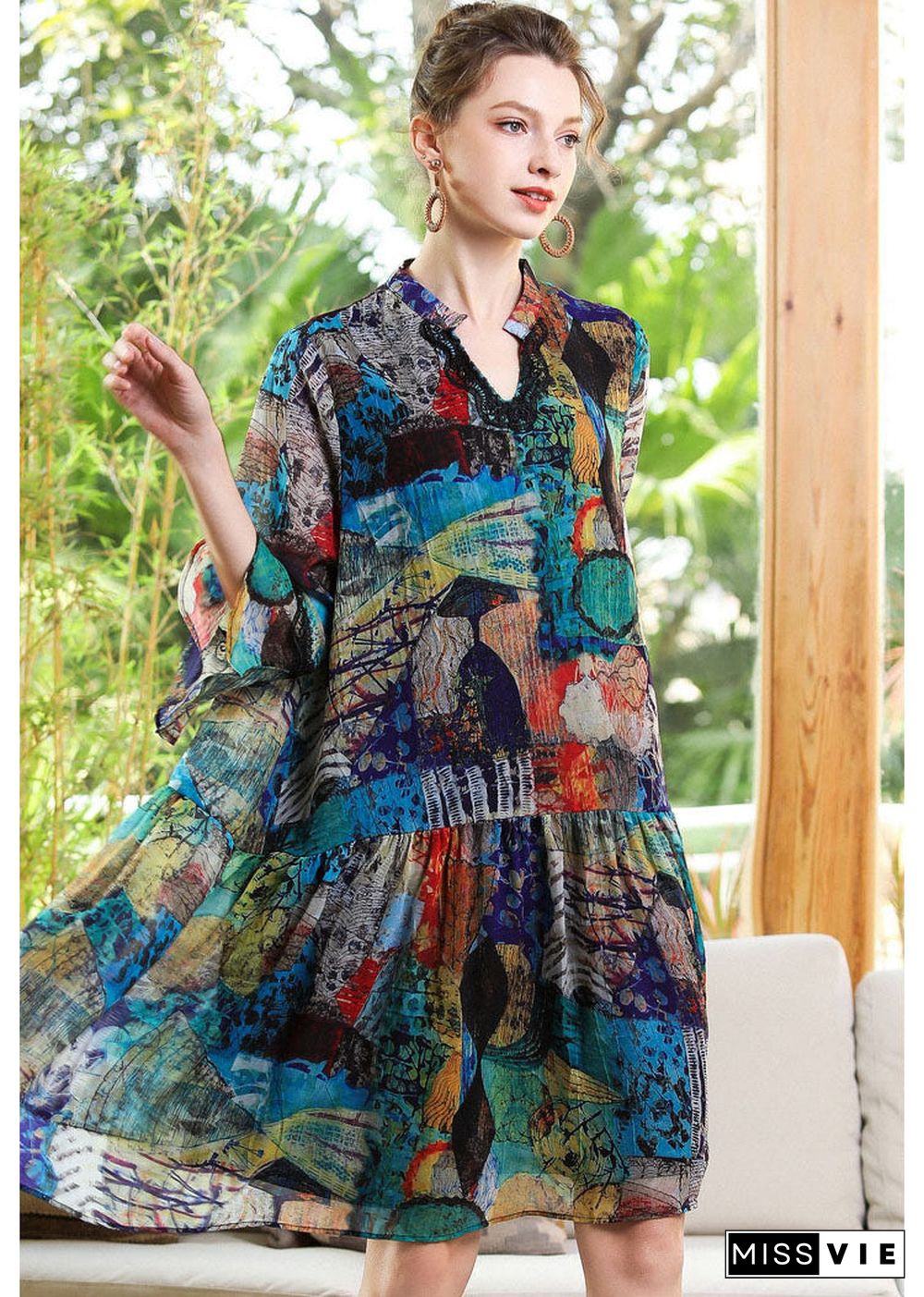 Modern Blue V Neck Patchwork Print Chiffon Party Dress Bracelet Sleeve