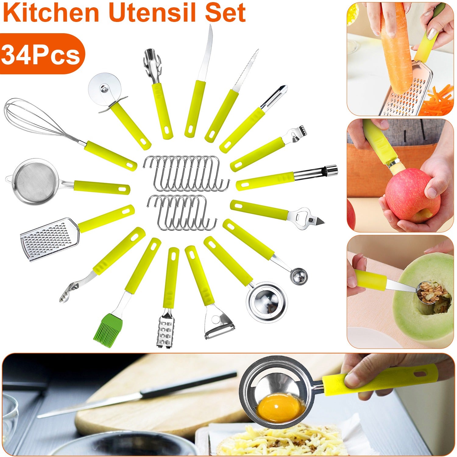 NewHome 34 Pcs Kitchen Cooking Utensils Set Stainless Steel Kitchen Gadget Tools Core Removal Potato Peeler Whisk Pizza Cutter Steak Knife Bottle Opener