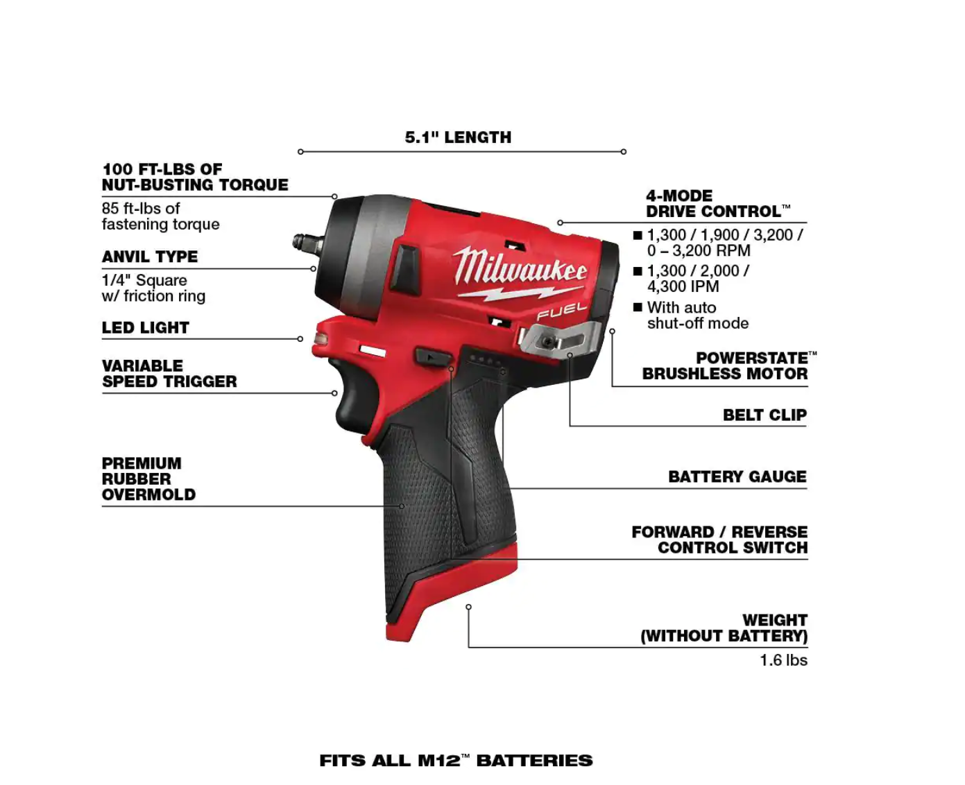 Milwaukee 2555-20-48-11-2420 M12 FUEL 12V Lithium-Ion Brushless Cordless Stubby 1/2 in. Impact Wrench with M12 2.0Ah Battery