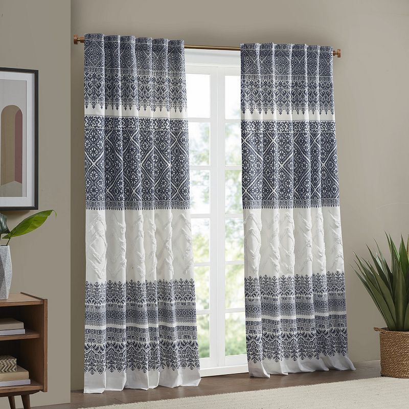 INK+IVY Mila Cotton Light Filtering Printed Rod Pocket 1 Window Curtain Panel with Chenille Detail