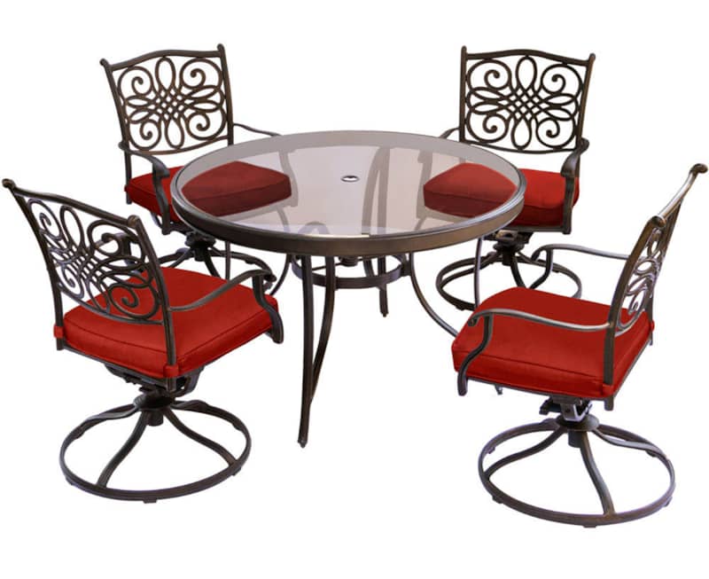 Hanover Traditions 5-Piece Outdoor Dining Set In Red/Bronze With 4 Swivel Rockers， 48 Glass-Top Table