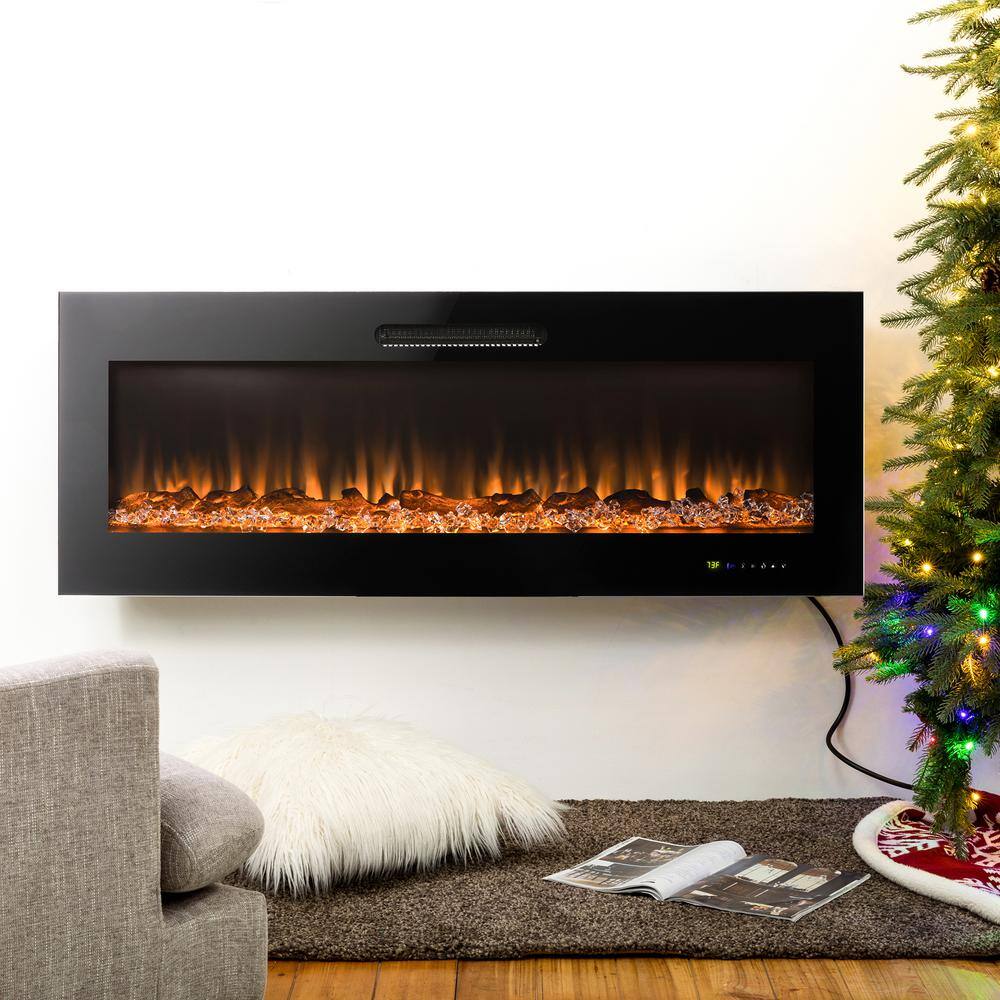 Glitzhome 50 in. L Black Recessed Wall Mounted Electric Fireplace with 9 Color Flames Faux Log and Crystal Decorated 2019200003