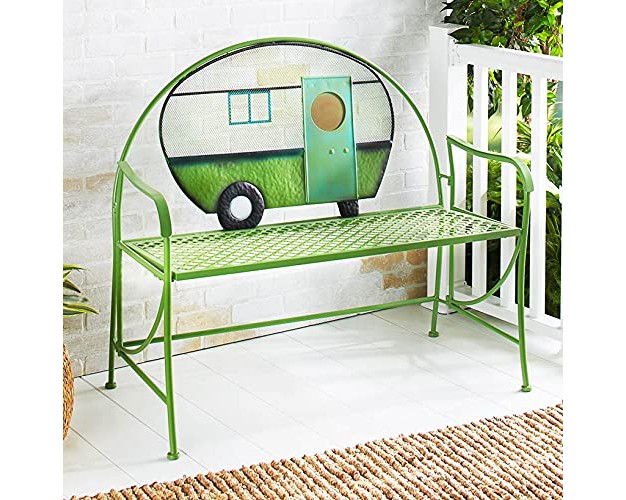 The Lakeside Collection Metal Happy Camper Garden Bench With Rustic Trailer Accent