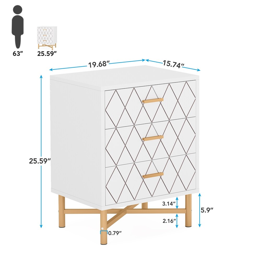 3 Drawer Nightstand Bedside Table with Diamond Design