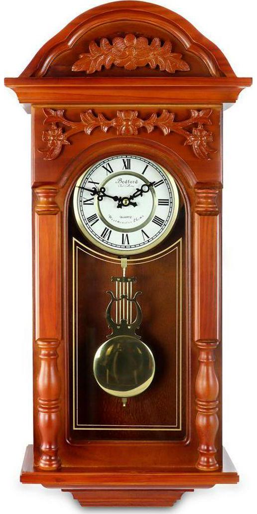 Bedford Clock Collection 27.5 Antique Chiming Wall Clock with Roman Numerals in a Padauk Oak Finish