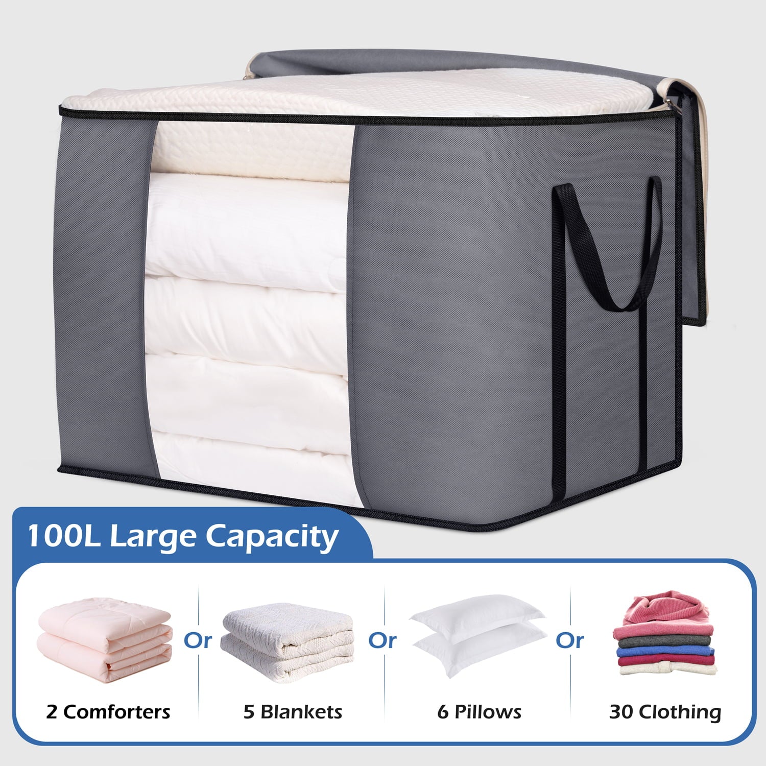 MISSLO 100L Clothes Storage Organizer 3PCS Foldable Comforter Blanket Bags Large Clothing Containers for Closet, Bedroom, Gray