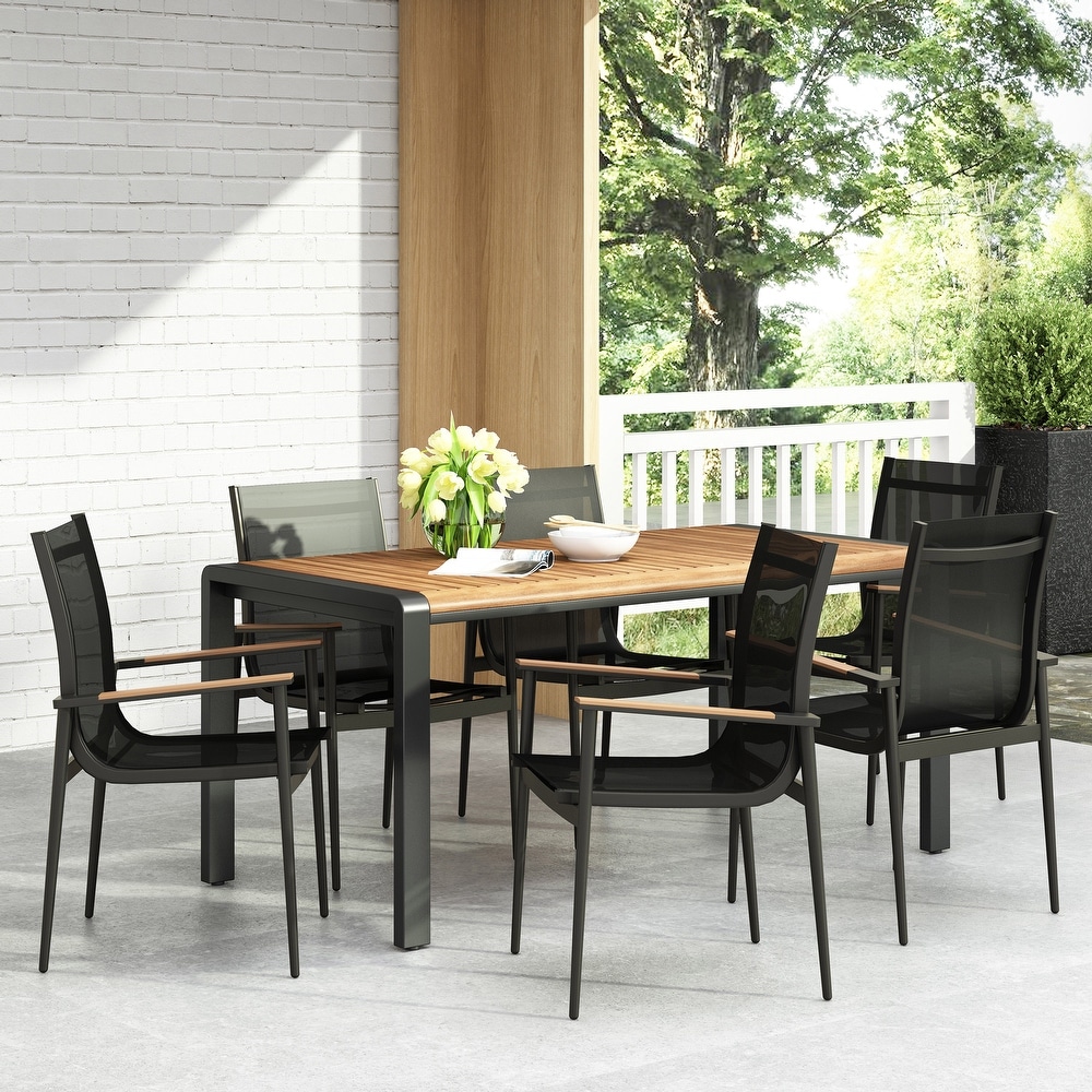 Homan Outdoor Mesh  Aluminum  and Acacia Wood 7 Piece Dining Set by Christopher Knight Home