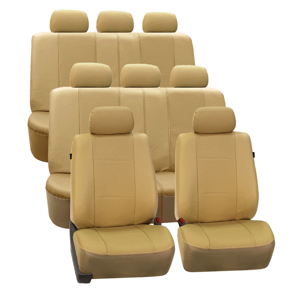 FH Group Beige Deluxe Faux Leather Airbag Compatible and Split Bench Car Seat Covers， 8 Seater 3 Row Full Set