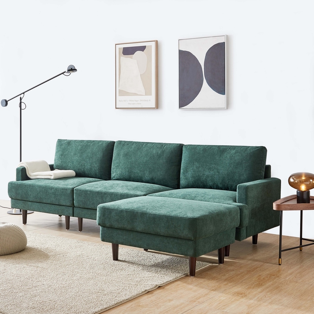 Modern Fabric Sofa L Shape Polyester Padded 3 Seater Sofas Removable Back Cushions Sofas with Ottoman and Rubber Wood Legs