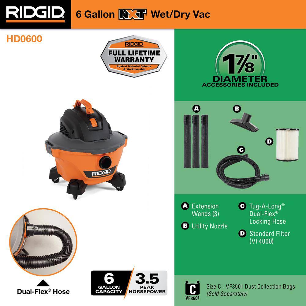 RIDGID 6 Gallon 3.5 Peak HP NXT WetDry Shop Vacuum with Filter Locking Hose and Accessories HD06001