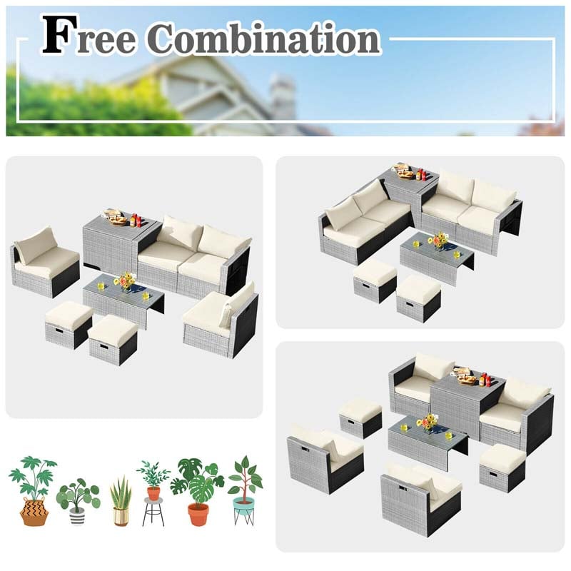 8 Pcs Rattan Patio Sectional Furniture Set Wicker Outdoor Cushioned Sofa Set with Storage Box & Waterproof Cover