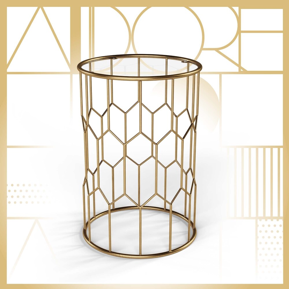 Adore Decor Harper Modern Glass and Metal Side Table  Gold Geometric Decorative Drum