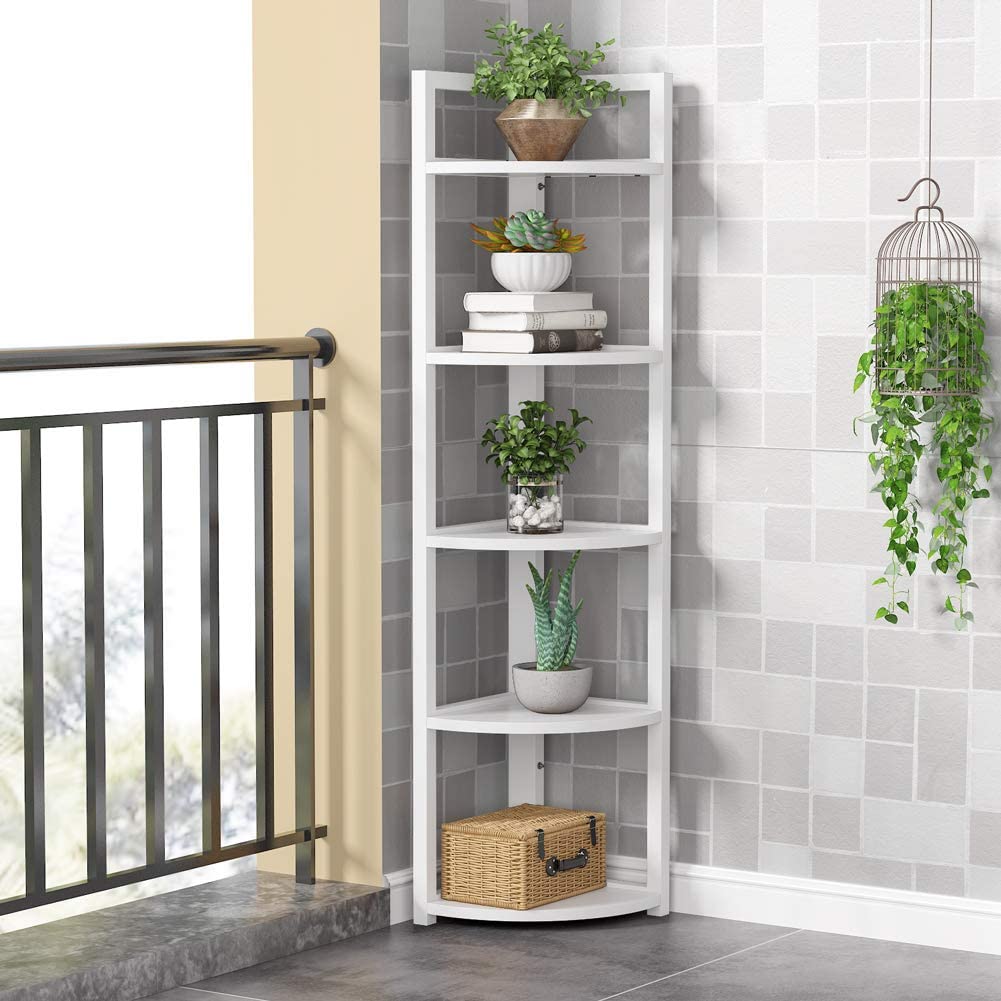 Modern 5 Tier Corner Shelf Stand, Corner Bookshelf Bookcase Plant Shelf for Living Room, Home Office, Kitchen, Small Space