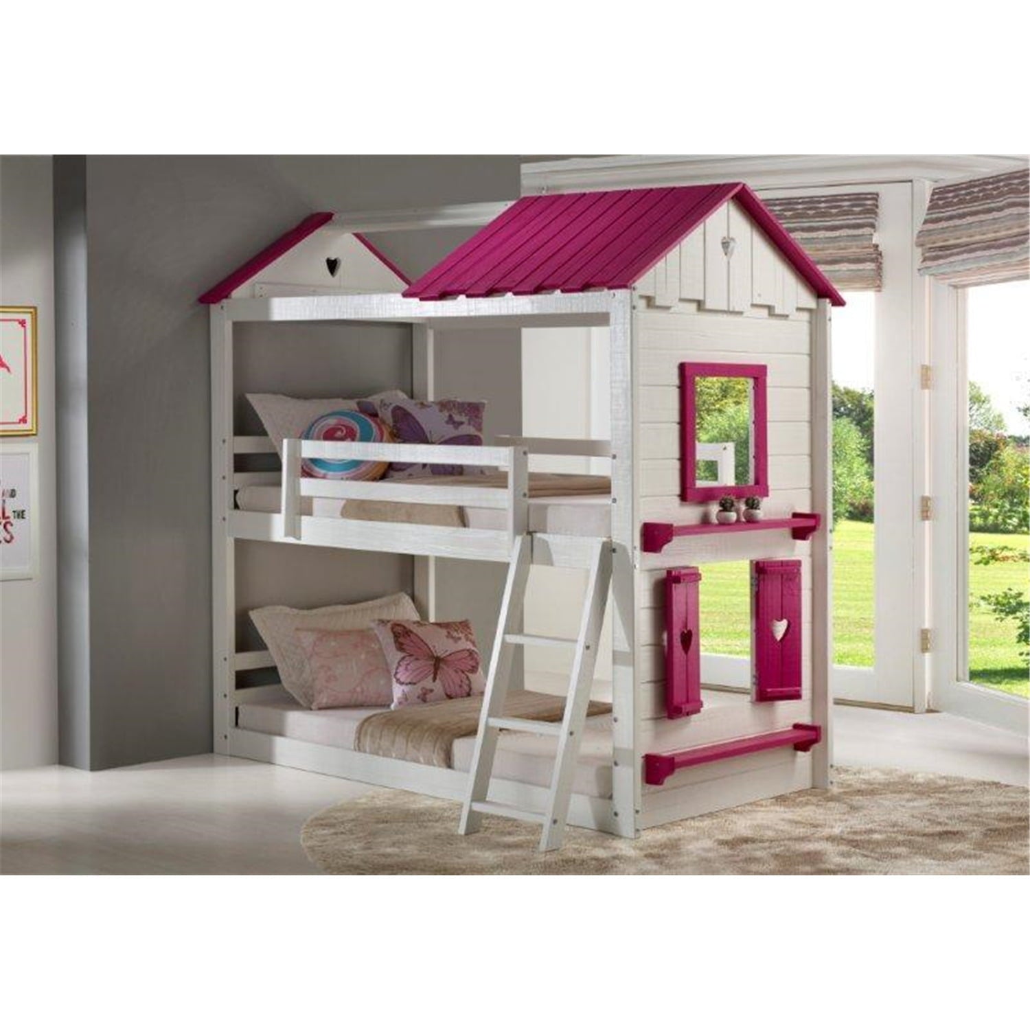 Donco Kids Sweetheart Bunk Bed, Pink and White, Twin/Twin, No Tent