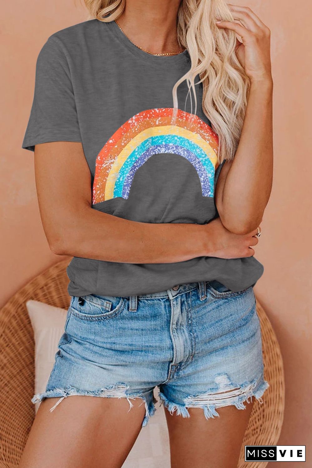 Rainbow Print Graphic Tees for Women Wholesale Short Sleeve T shirts To