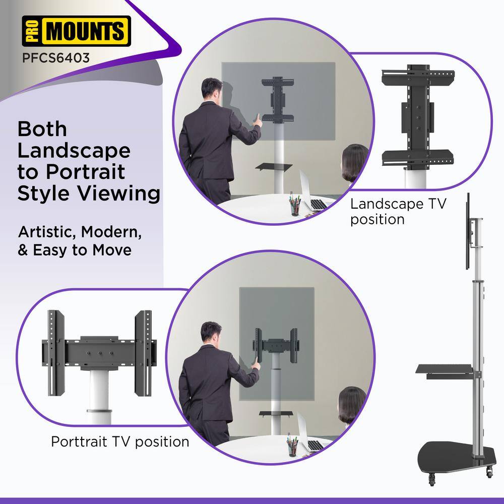 ProMounts Rolling TV Floor Stand Mount For 32-80 In. Height Adjustable Portrait to Landscape TV Cart PFCS6403