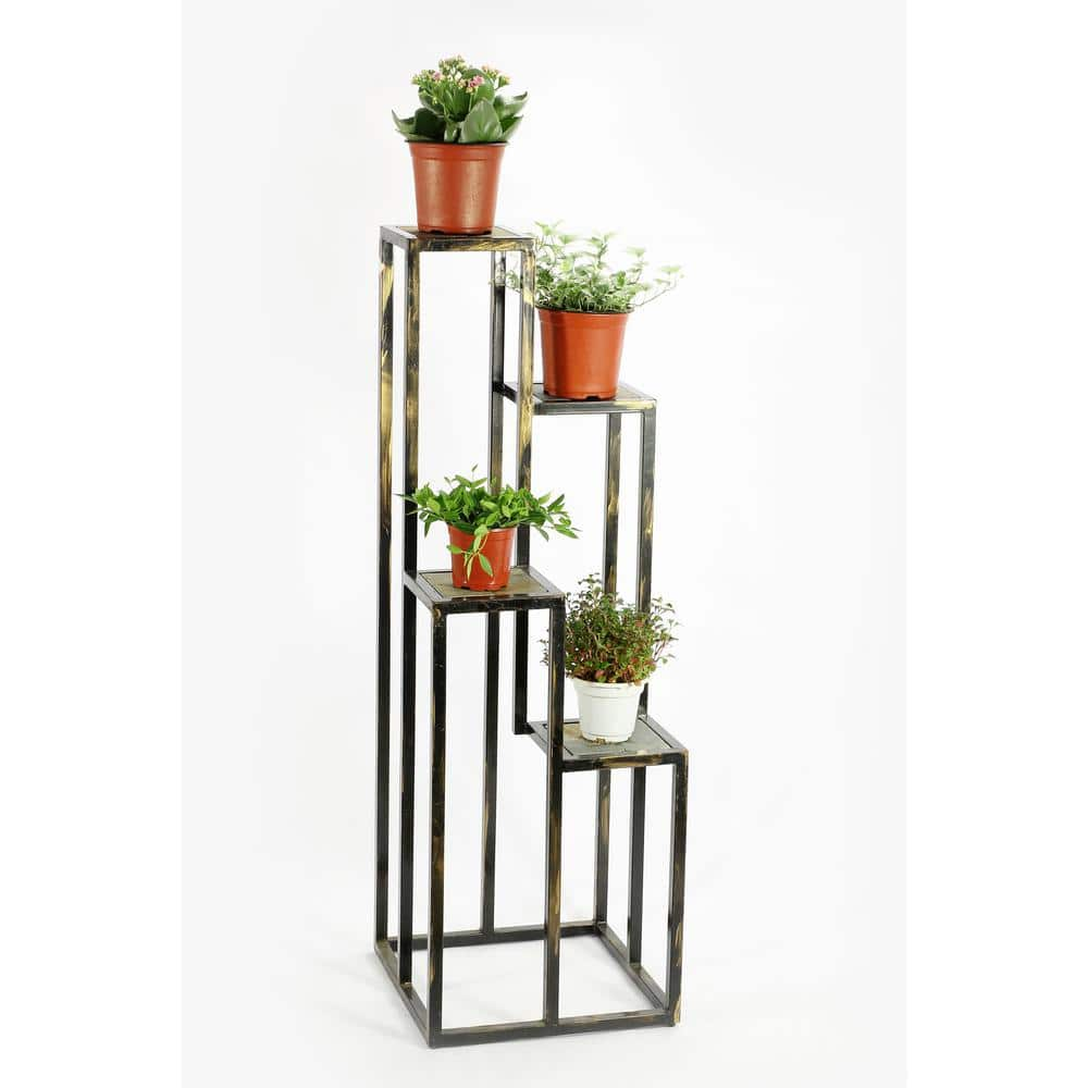 ORE International 47.25 in. 4-Tier Gray Stone Slab Black/Gold Square Cast Metal Indoor Plant Stand LB-1714B