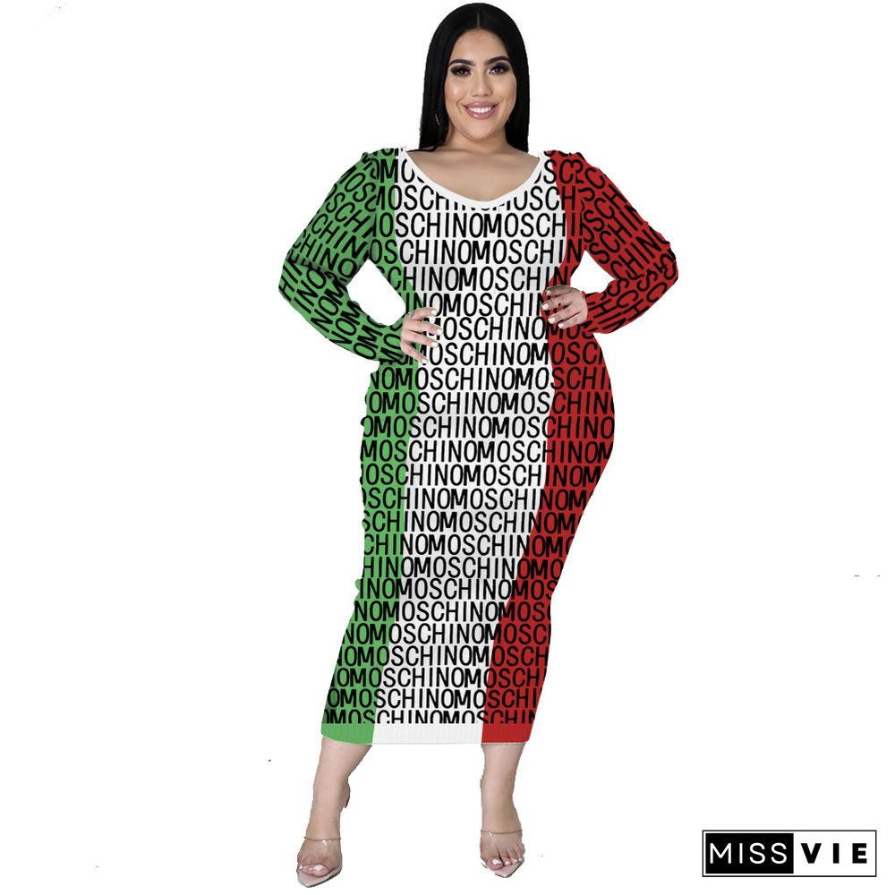 Ribbed Knitted Patchwork Long Sleeve Plus Size Dresses