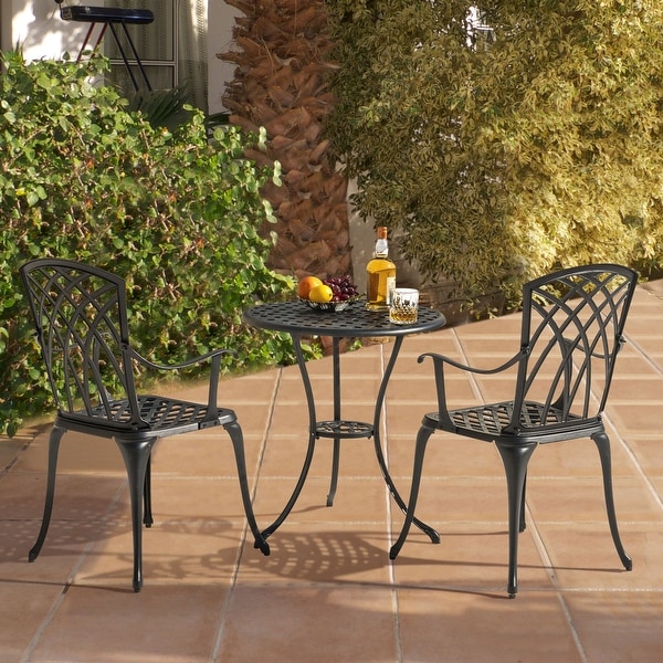 24 Inch Cast Aluminum Bistro Table with Umbrella Hole and 2 Bistro Chairs