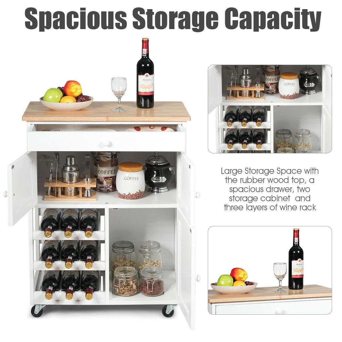 Gymax Modern Rolling Kitchen Cart Trolley Island Storage Cabinet w/DrawerandWine Rack