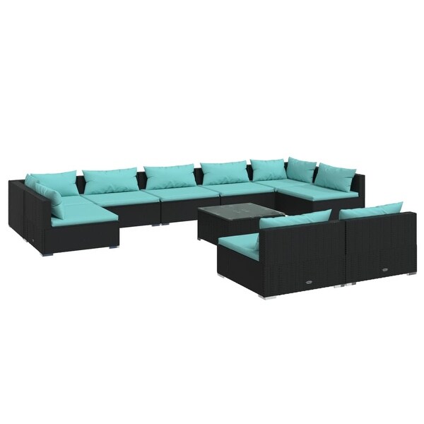 10 Piece Patio Lounge Set with Cushions Black Poly Rattan - Overstock - 36365058