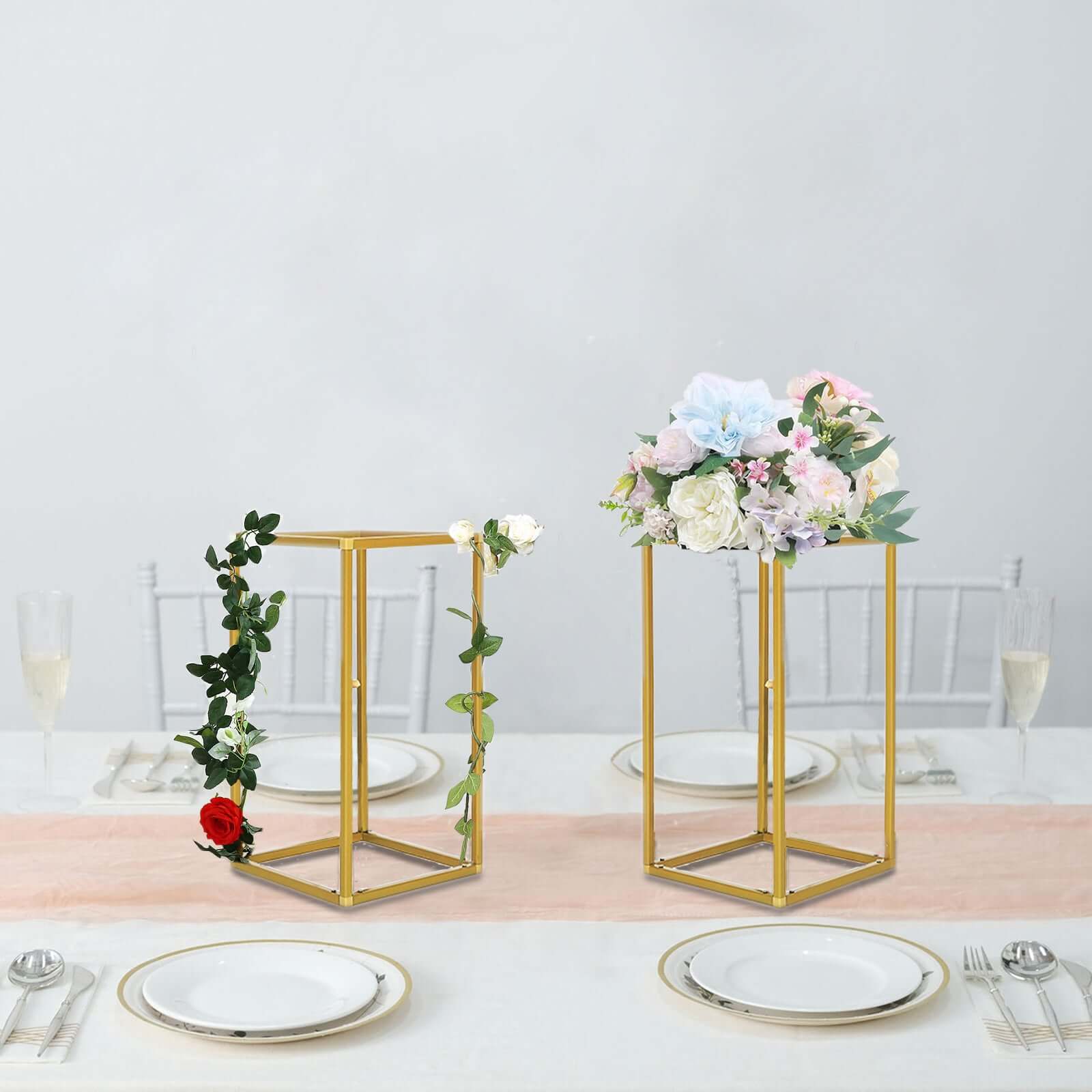 2 Pack Rectangular Gold Metal Wedding Flower Stand, Geometric Column Frame Centerpiece 12