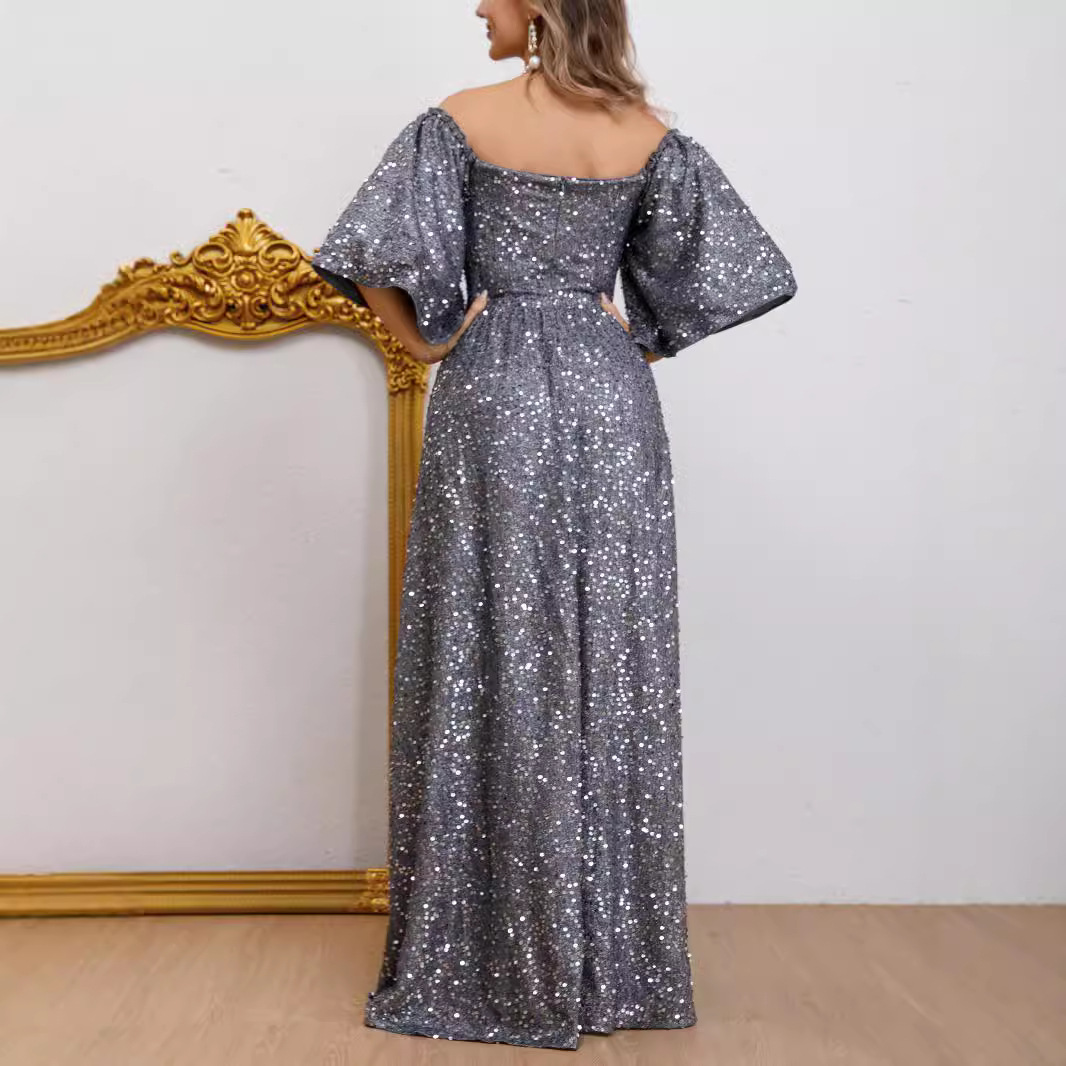 New sequin temperament commuting solid color high waist Lina group host banquet long evening dress