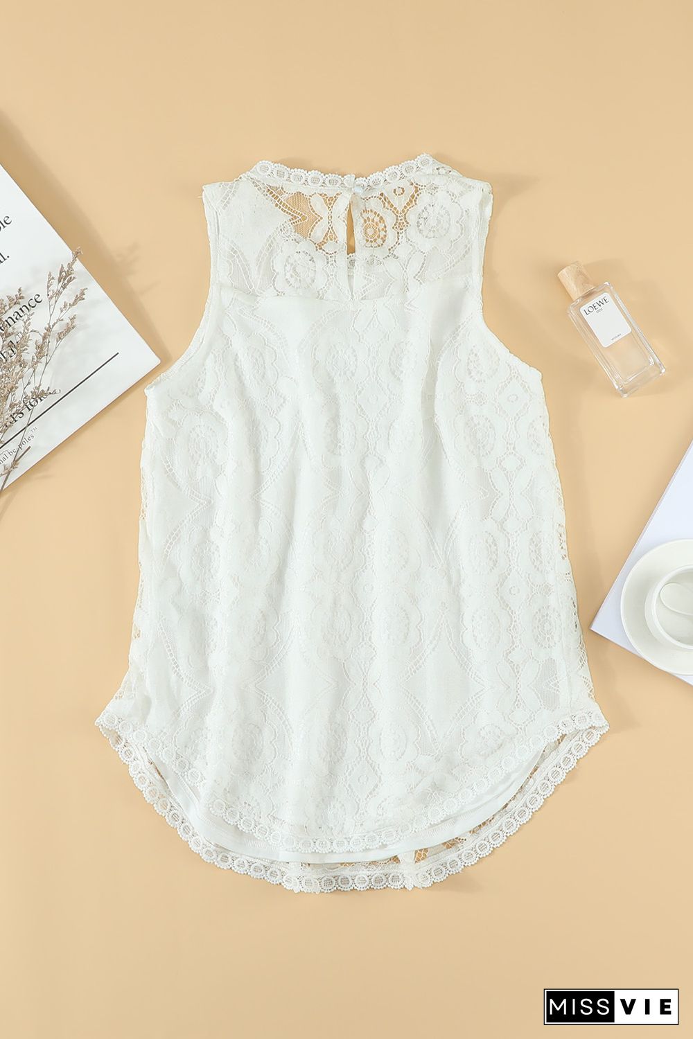 White Lace Hollow Out Sleeveless T-Shirt