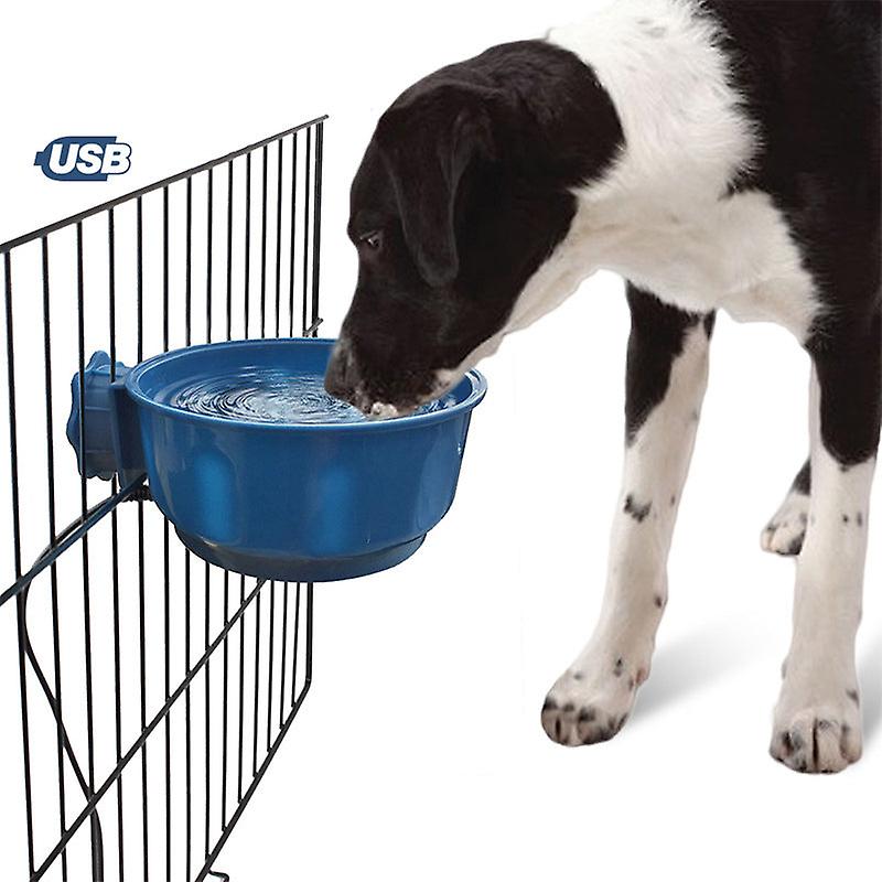 Hanging crate heating dog bowl