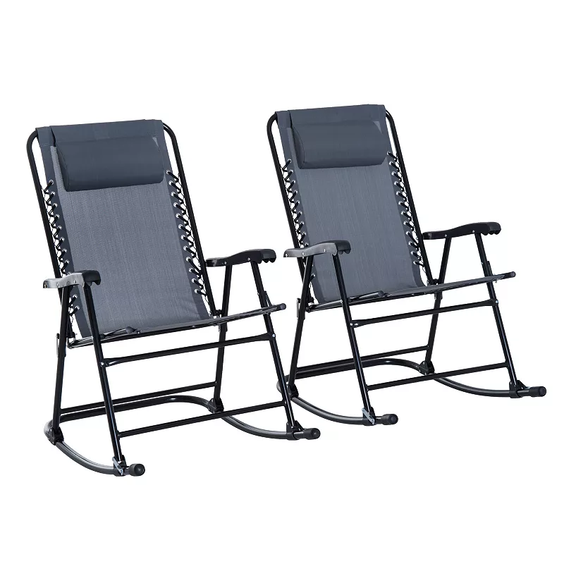 Outsunny Mesh Outdoor Patio Folding Rocking Chair Set   Grey