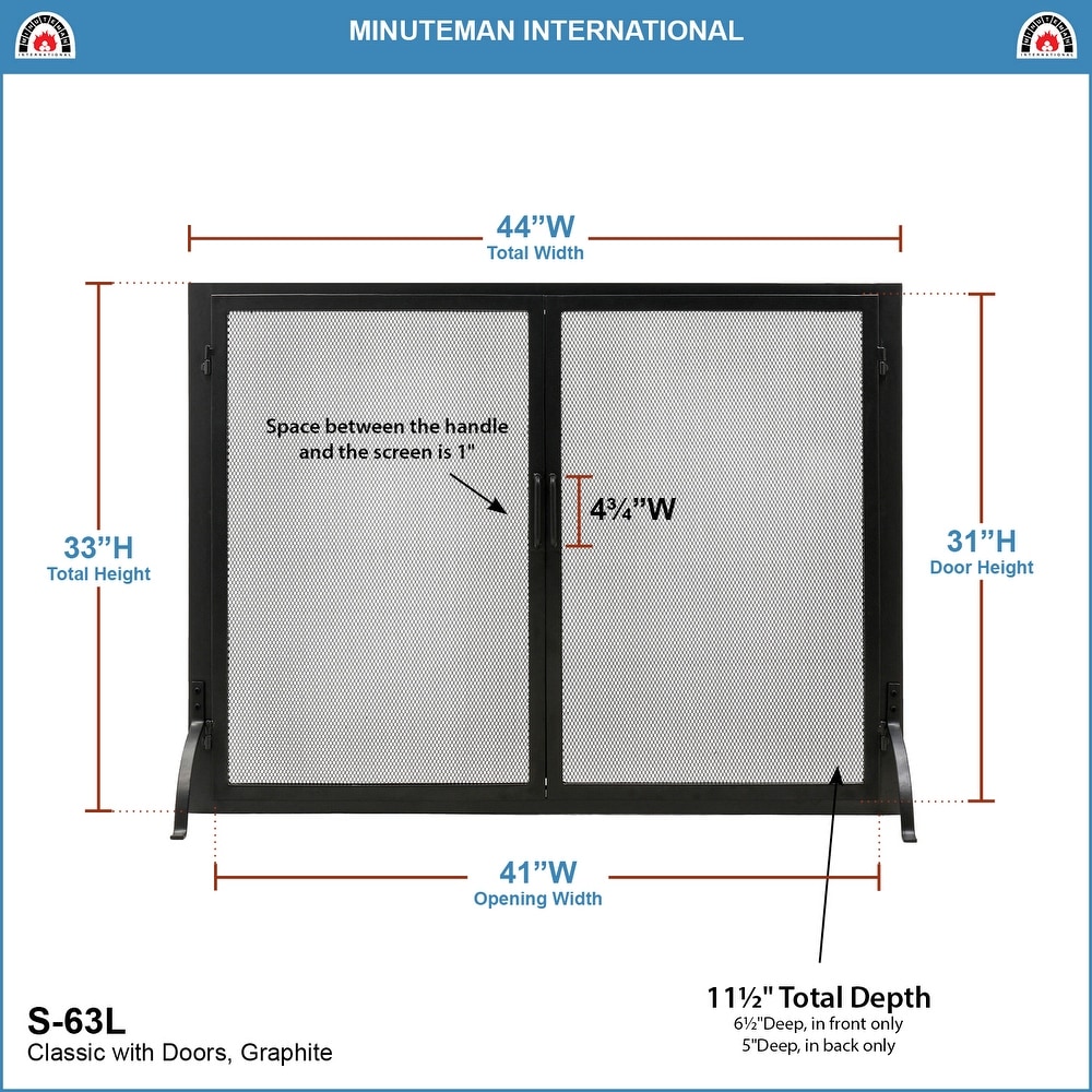 Minuteman International Large Classic Flat Fireplace Screen w/Doors  33 Inch Tall  Graphite Finish