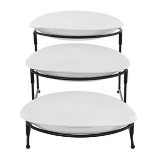 Elama 19 in. L x 10.5 in. W x 8.5 in. H Oval White Porcelain 3-Tier Plate Serveware Stand (Set of 4) 985116786M