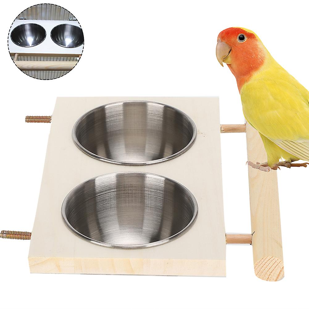 Parrot Feeding Bowl Stainless Steel Food Water Feeder Cage Accessory With Standdouble Bowl