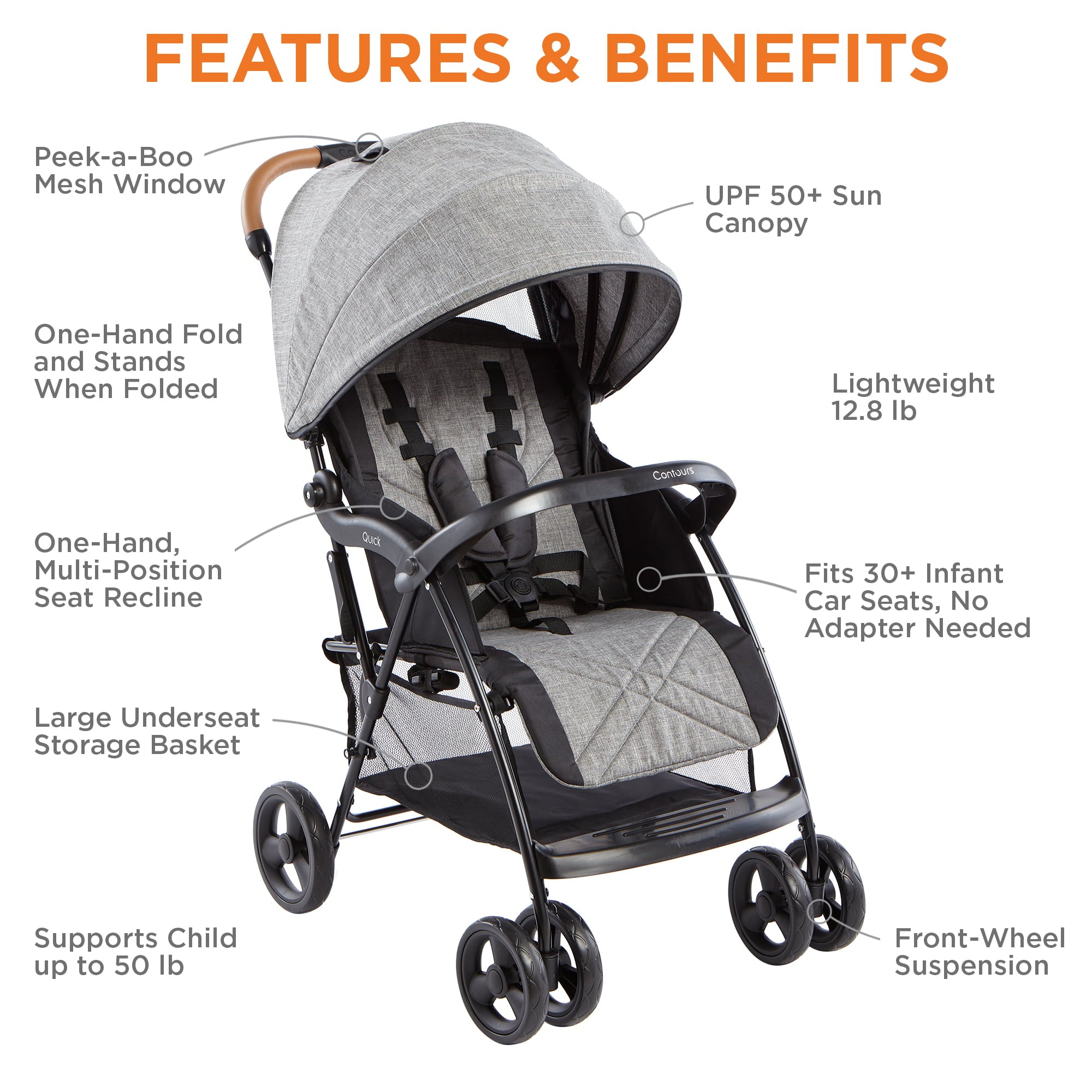 Contours Quick® Lightweight Baby Stroller for Boy or Girl, Gray